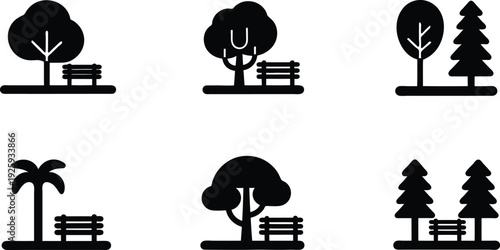 Collection of various tree silhouettes with benches in park  landscape design elements