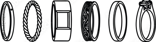 Collection of six different wedding rings with various designs and details in black and white illustration style
