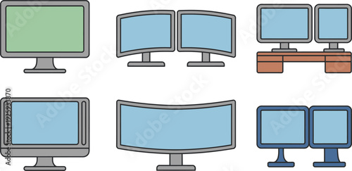 Collection of various computer monitors in different styles and colors on white background  tech devices for work and entertainment