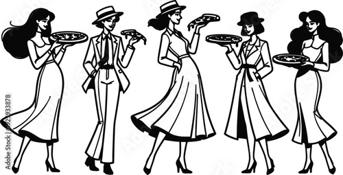 Five cartoon women in dresses and hats holding pies in hands  smiling female characters in illustration  various poses