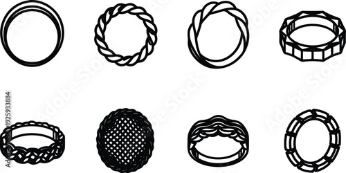 Eight different black rings with various designs and patterns  isolated on white background