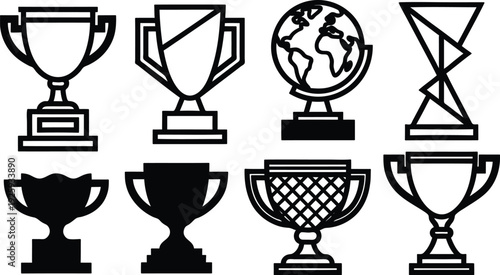 Collection of various trophy icons in different shapes and designs for awards and recognition purposes  symbolizing achievement and success