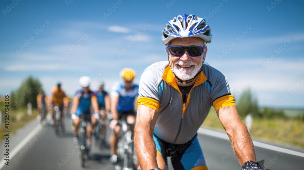 Fototapeta premium Cardio sports cycling biking exercise training, healthy lifestyle. A group of cyclists riding down a road, with a man in the front wearing a helmet and sunglasses.