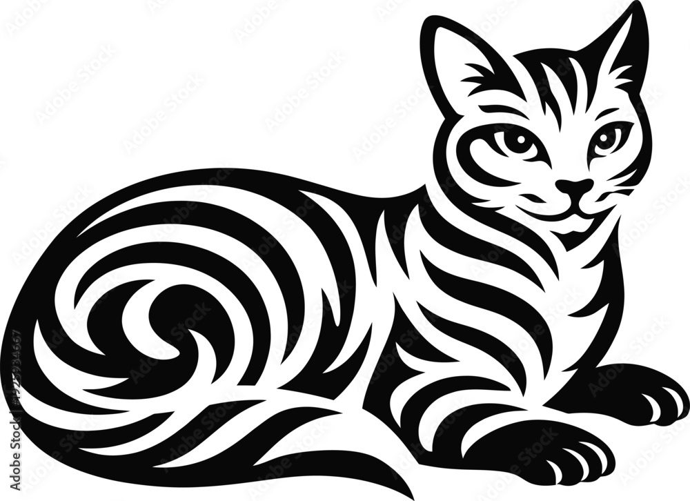 Fototapeta premium Ornamental tribal style cat logo vector in black and white isolated on transparent background.