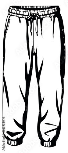 Hand drawn line art illustration of sweatpants depicting a drawstring waist and cuffed ankles for casual fashion