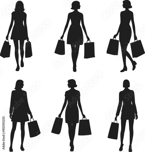 Set of fashionable women silhouettes carrying shopping bags, stylish female shoppers walking poses, modern fashion retail concept vector illustration isolated collection