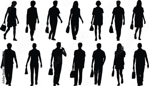 Set of fashionable women silhouettes carrying shopping bags, stylish female shoppers walking poses, modern fashion retail concept vector illustration isolated collection