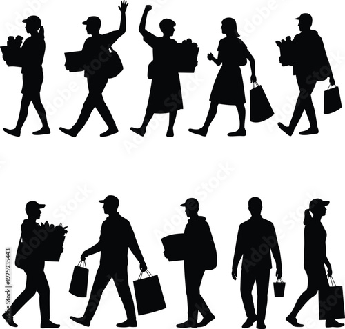 Shopping people silhouettes bundle, men and women carrying grocery bags and boxes walking in city lifestyle scene, black vector isolated on white