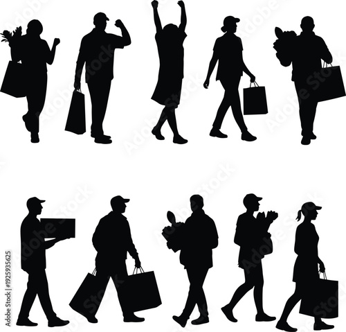 Shopping people silhouettes set, men and women carrying bags and groceries walking in urban lifestyle scene, black vector illustration isolated on white