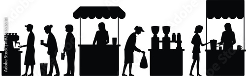 Street coffee stall silhouettes collection, barista serving customers at market kiosks, black vector illustration set isolated on white background
