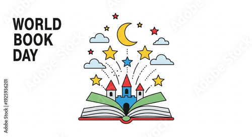 World book day illustration with fantasy castle emerging from an open book surrounded by stars and clouds