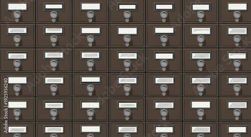 Brown metal mailboxes with blank labels on each compartment in rows
