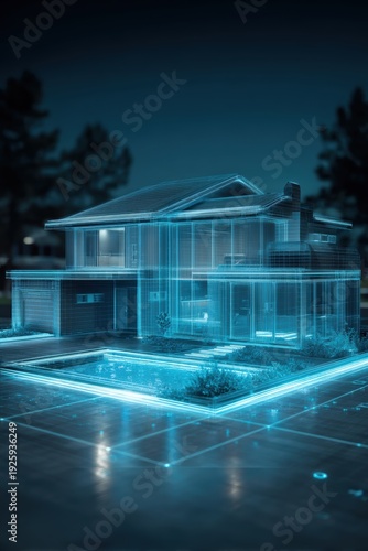 Wallpaper Mural Real estate business market, house home building purchase sale. A futuristic house illuminated by neon lights at night, surrounded by lush greenery and a pool reflecting the surrounding lights. Torontodigital.ca