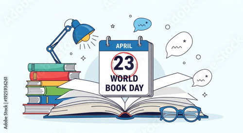 World book day illustration with calendar books lamp and glasses on april 23rd celebrating reading and literature