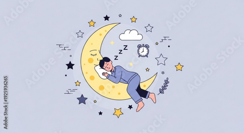 A peaceful cartoon man sleeps on a yellow crescent moon surrounded by stars and a clock