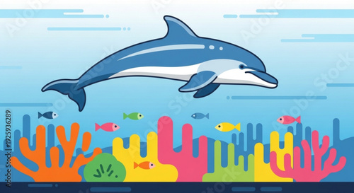 Dolphin swimming above colorful coral reef with fish ocean scenery marine life underwater world aquatic animals cartoon illustration