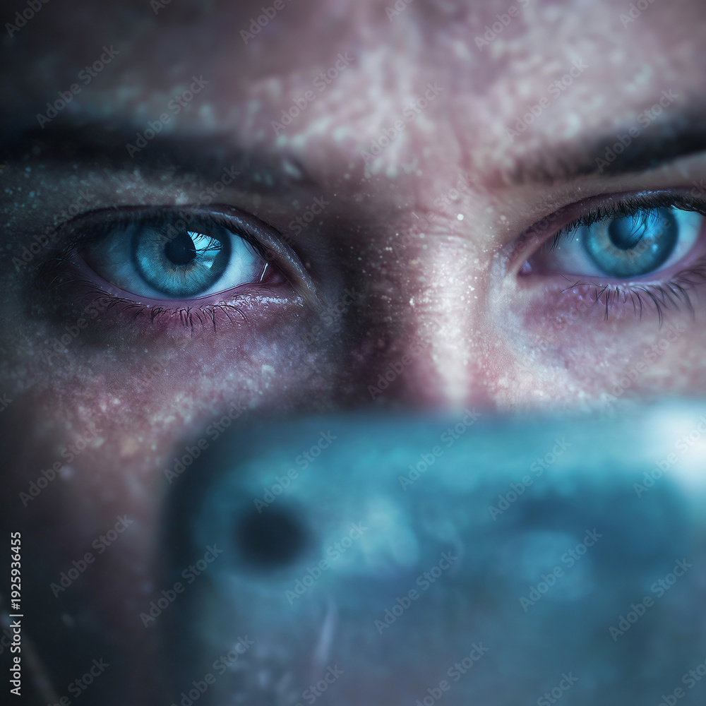 Naklejka premium Intense blue eyes reflect a phone screen, showing deep digital focus.