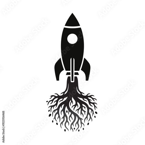 Minimalist Rocket Launch with Roots Icon - Organic Startup Growth and Deep Foundation Vector Illustration