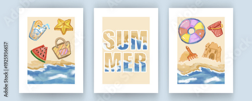 Perfekt Summer Poster with Word “Summer” and elements, doodle, hand draw set with texture: bucket, swimming ring, a bag and a cocktail. Vector, isolated.