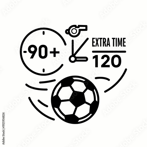 Soccer game clock with whistle and soccer ball in modern line art illustration