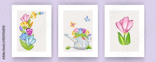 Banner with hand written”Spring”, watering can, butterflies and a lot of flowers. Hand drawn with oil texture. Vector isolated.
