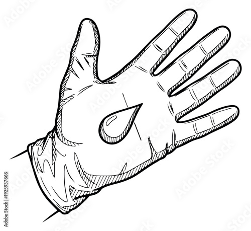 Hand drawn line art illustration of a gloved hand depicting a blood drop for medical concepts