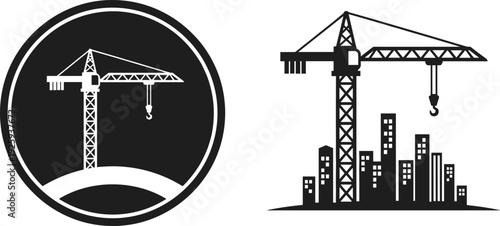 Set of Industrial Construction Crane Icons with City Skyline, Professional Vector Silhouettes for Civil Engineering Real Estate and Building Development Projects