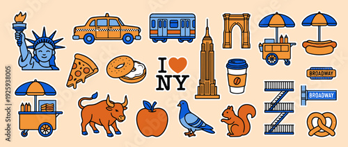 New York City Iconic Symbols: A vibrant array of illustrations showcasing the unique and memorable symbols of New York City, encapsulating its culture, attractions, and unmistakable charm.