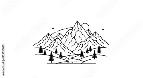 Black and White Mountain Landscape Illustration 1.