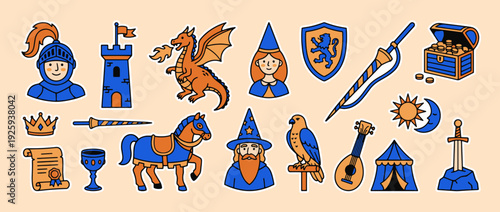 Medieval Iconography Collection: A vibrant collection of medieval icons, featuring a knight, castle, dragon, wizard, and more, offering a glimpse into a world of chivalry and lore.