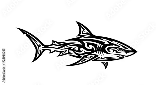 Black and White Tattoo Style Shark Illustration.