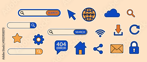 Digital Icons: A set of digital icons, with search bars, cursors, clouds, and more, offers a visually engaging set of digital elements for web design, apps, and digital platforms.