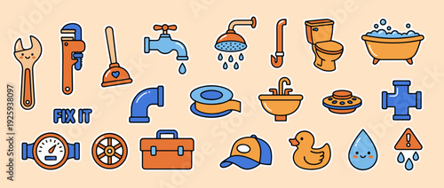Plumbing Tools and Fixtures: An array of colorful plumbing tools and fixtures, each meticulously illustrated, set against a warm, inviting backdrop that's ready for any job.