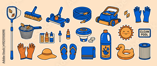 Pool Cleaning Essentials Collection: A comprehensive collection of essential pool cleaning items. Perfect for any plumbing or pool-related design projects.