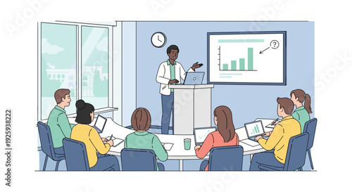 Businessman presenting to coworkers in meeting room.