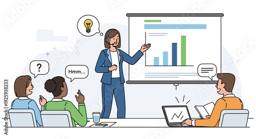 Businesswoman presenting data to colleagues in meeting.