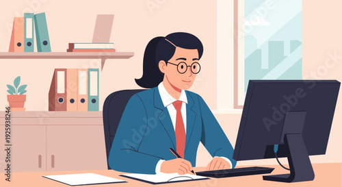 Businesswoman Working on Computer at Desk.