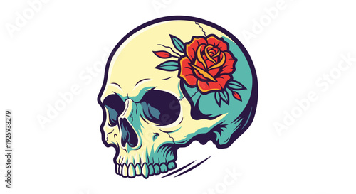Colorful Skull with Rose Tattoo Design.