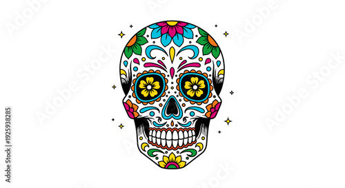 Colorful Sugar Skull with Floral Patterns.
