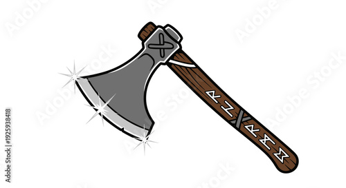 Gray Metal Axe Head with Wooden Handle.