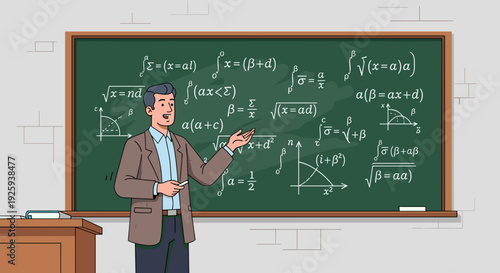 Male Teacher Explaining Math on Blackboard.
