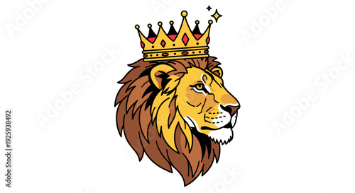 Lion Head Wearing Golden Crown Illustration.