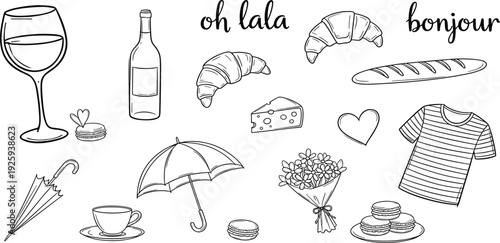 A collection of illustrations depicting a French-inspired lifestyle with wine, food, and accessories in a minimalist style