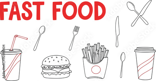 Assorted fast food items and utensils arranged on a clean white background from a straightforward viewpoint