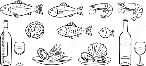 A collection of seafood and wine illustrations on a clean white background from a straightforward viewpoint