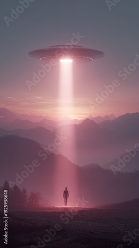 Futuristic UFO hovers above mountains at sunset while a person is lifted into the beam of light in a sci-fi landscape
