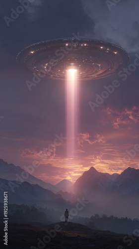 Futuristic UFO hovers above mountains at sunset while a person is lifted into a beam of light in a dreamlike landscape