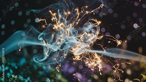 Blue smoke and golden sparks clash in a dark garden scene