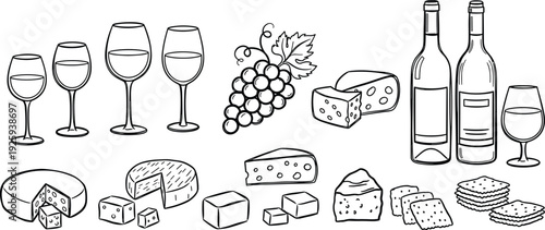 A collection of wine glasses, grapes, and various cheeses on a table, illustrated in a simple line art style from a straightforward viewpoint.