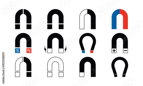 Magnet Icons Pole Labeled Spark Polarity Variations Black Color Monochrome Set